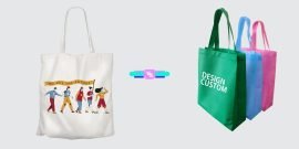Dua gambar yang berdampingan menunjukkan perbedaan antara tote bag dan goodie bag dengan berbagai pilihan warna. Gambar di sebelah kiri menunjukkan tote bag polos dengan warna natural, sedangkan gambar di sebelah kanan menunjukkan goodie bag berwarna-warni dengan desain menarik.